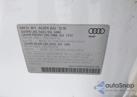 2016 Audi Q5 2.0T Premium z USA, uszkodzony, nr VIN WA1L2AFP2GA092146